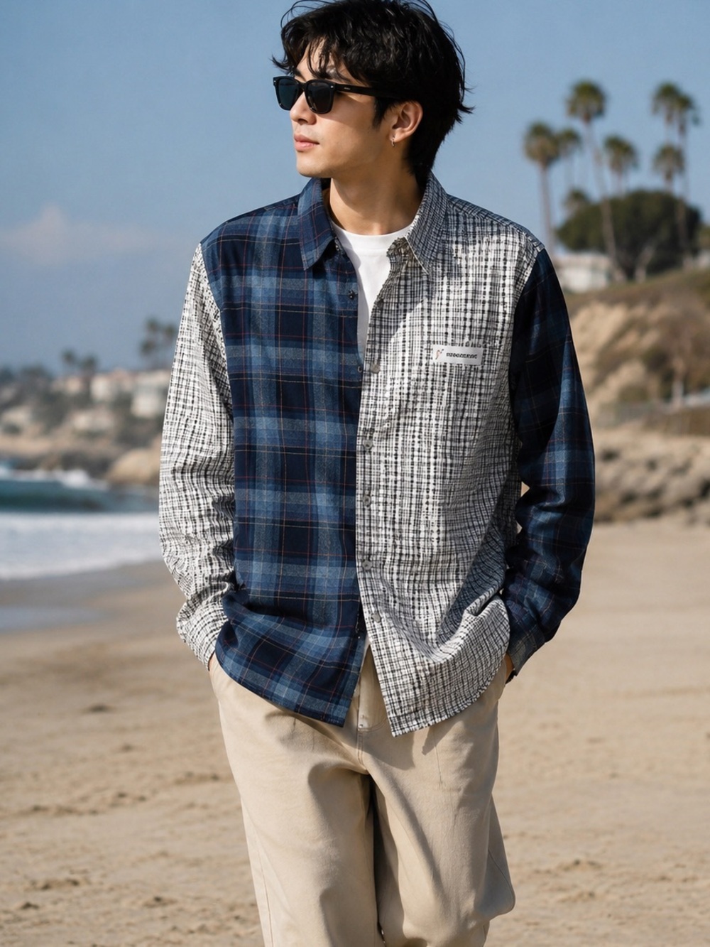 Sparked Apparel Patchwork Button Up Shirt Plaid Check Casual Streetwear